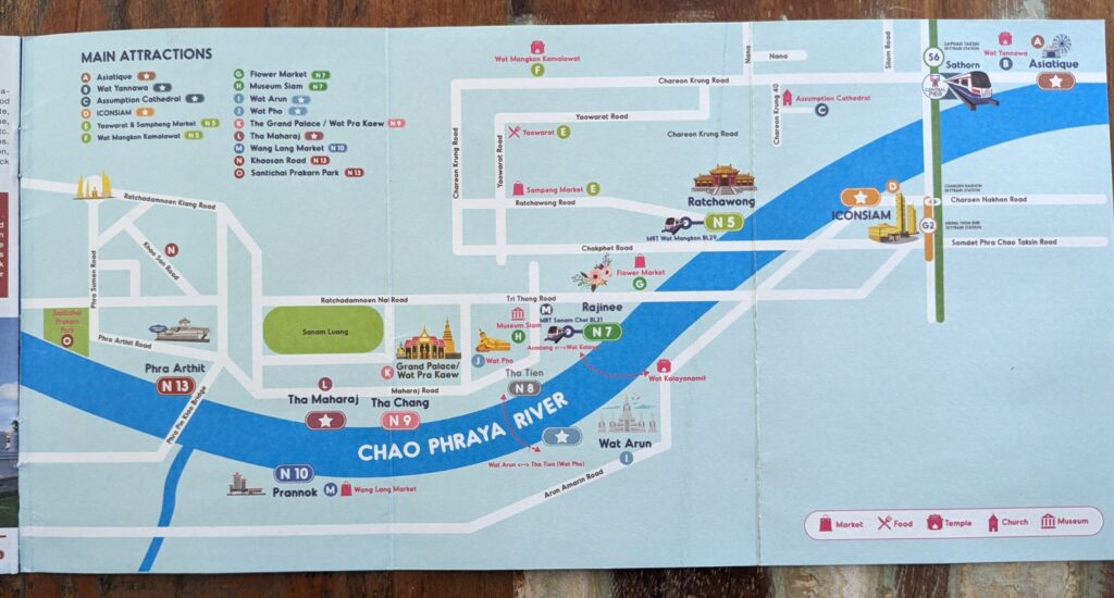 Map of main attractions on the Chao Phraya River Boat - Bangkok, Thailand Map of main attractions on the Chao Phraya River Boat - Bangkok, Thailand