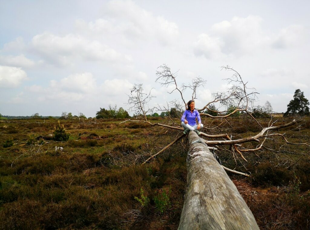 Even spelen en balansen onder het wandelen over de heide