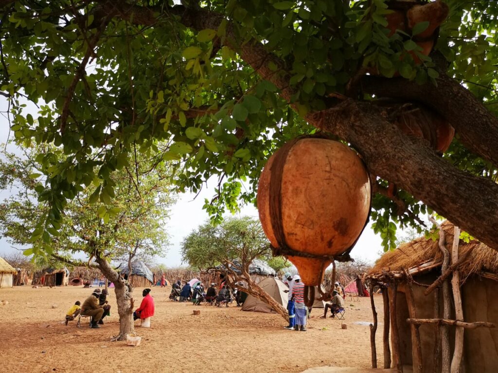 Kruiken hangen her en der in de boom - Himba dorp Kruiken hangen her en der in de boom - Himba dorp