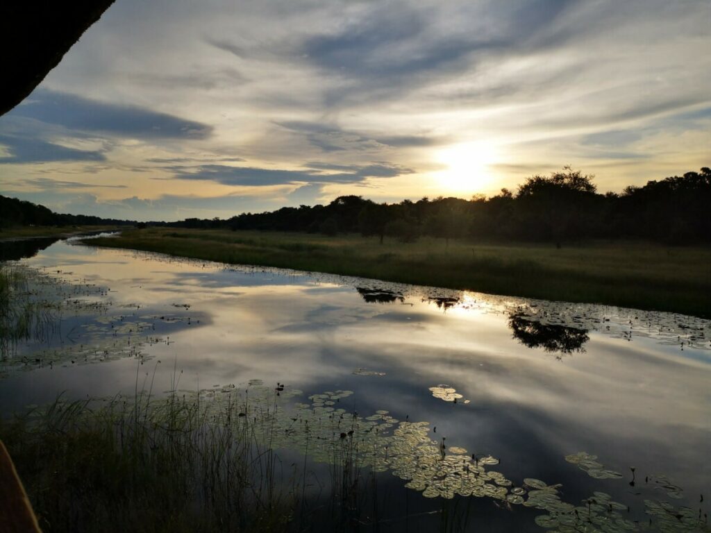 Eten met zicht over de Thamalakane rivier en de ondergaande zon in Botswana Eten met zicht over de Thamalakane rivier en de ondergaande zon in Botswana