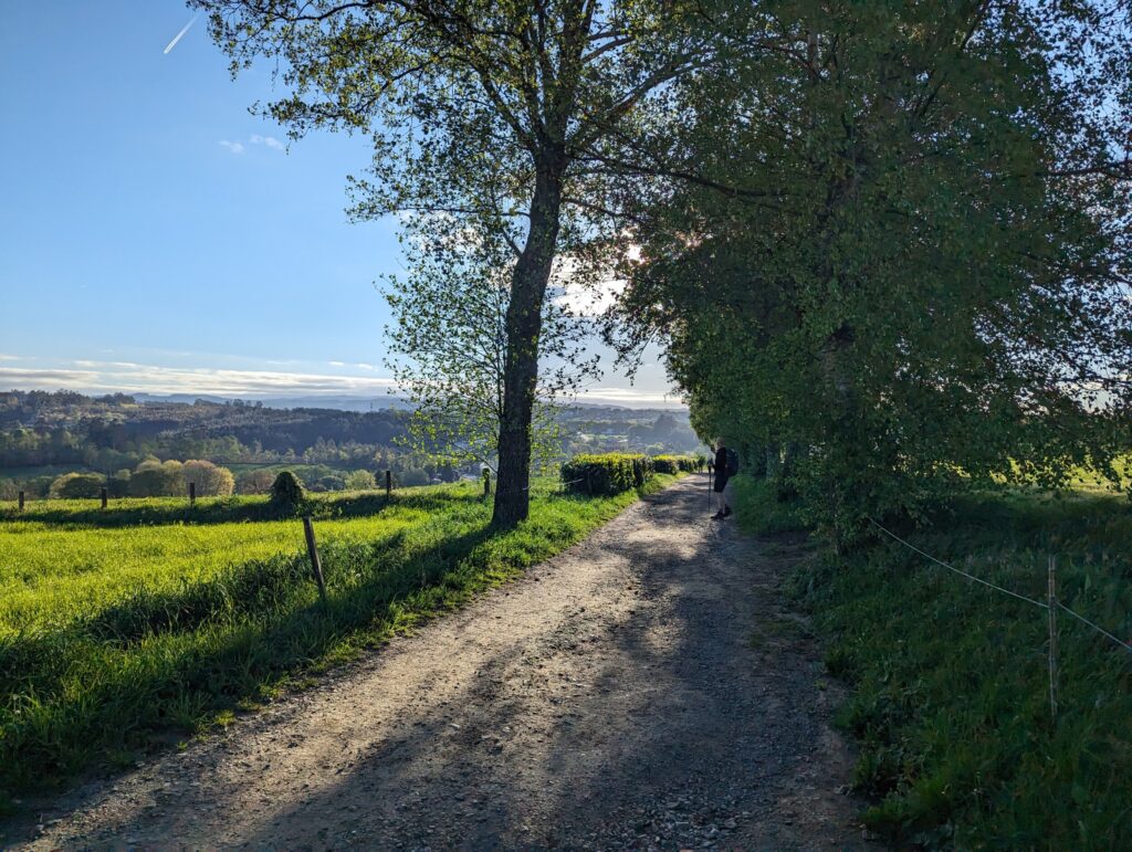 Wandelen op de Camino Frances - Spanje - Een frisse ochtend zon op de achtergrond Wandelen op de Camino Frances - Spanje - Een frisse ochtend zon op de achtergrond